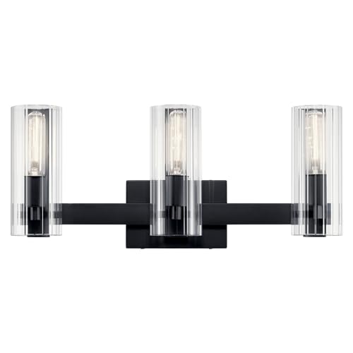 Image of Kichler Jemsa 3-Light Bathroom Vanity Light Fixture, Modern Wall Mount Light with Clear Fluted Glass in Black for Bathroom or Powder Room (9.75 inch x 22.75 inch), 55168BK
