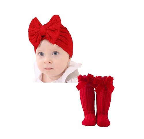 Newborn Hospital Beanie Knit Hat Baby Infant Bows Turban Cap Big Bow Knee High Long Kids Sock.(WZ8)