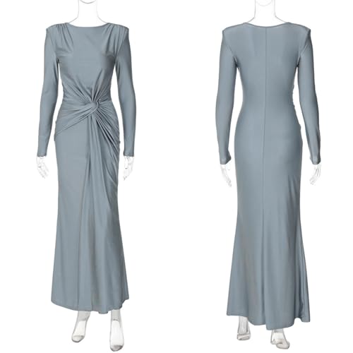 Image of RARITYUS Women's Elegant Knot Ruched Long Sleeve Maxi Dress Shoulder Pads Long Formal Dress Cocktail Evening Party Dress