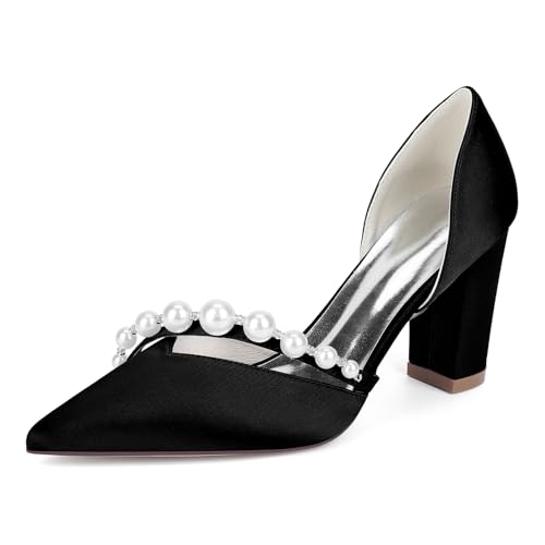 Gycdwjh Women's Satin Bridal Shoes with Pearls Mid Block Heel Dress Pumps Pointy Toe Slip on Wedding Party Court Shoes,Black,6 -  BLACK-6-22026267