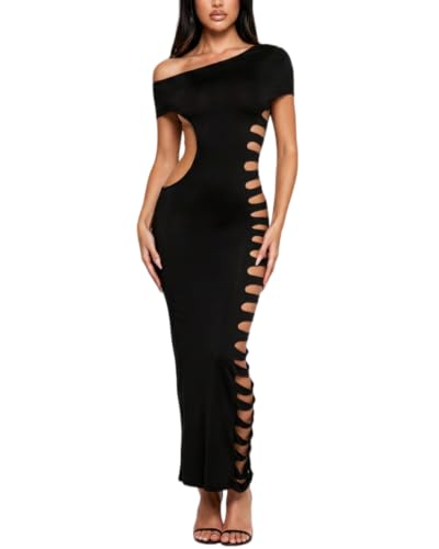 Image of Women's Sexy Sleeveless Hollow Out Maxi Dress Tassel See Through Backless Bodycon Party Club Long Dress