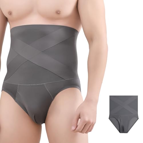 Men's Tummy Control Shapewear Boxer Briefs Waist Girdle Slimming Body Shaper Compression Short Nylon Stretchy(Grey)