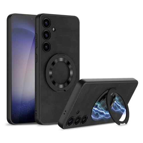 Image of TechTrendz Magnetic Suction Rotating Wireless Charging Bracket Anti-Fall Leather Case for Samsung Galaxy S25 (Black)