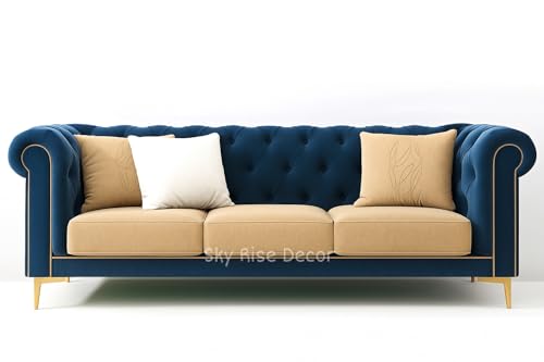 Image of Modern Classic 3 Seater Sofa Couch Fabric & Valvet Tufted Chesterfield Sofa Living Room and Office (Blue & Beige 3 Seater) | Premium Material, Easy Maintenance, Spacious Seating
