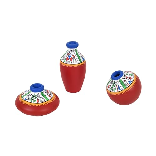 Image of Aakriti Art Creations Artisanal Harmony Vase Set of 3 | Hand-Painted Warli Art Terracotta Vases in Red | Matte Finish Decorative Vases for Living Room, Table Decor & Gifting