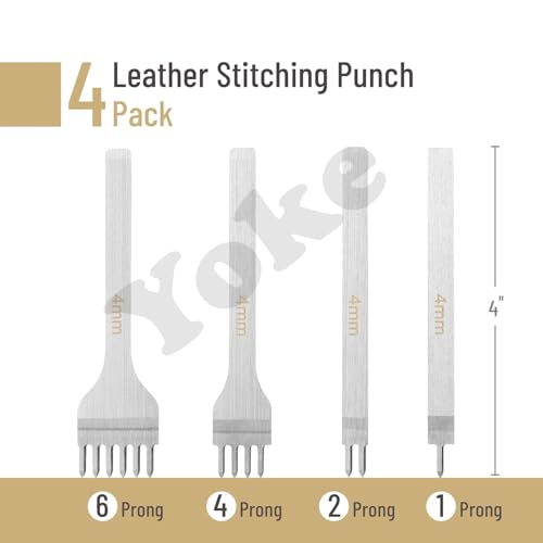 Image of Leather Stitching Punch 4 Pack 4mm | 1 /2 /4 /6 Prong Leather Stitch Punching Chisel Set | Diamond Tip Leatherfork Punch | Leathers Hole Punchs Tool for Sewing, DIY Craft, Wallet, Belt