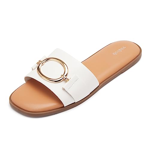 vodvob Women's Flat Sandals Fashion Square Open Toe Metal Chain Summer Dressy Sandals Slip On Casual Slides