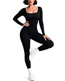 Upushall One Piece Workout Jumpsuits for Women Long Sleeve Bodycon Jumpsuit Yoga Ribbed Romper, Black M