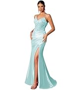 Women's Satin Lace Appliques Prom Dress Long Mermaid Corset Spaghetti Straps V Neck Sexy Formal P...