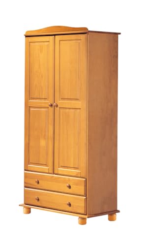 Moblit Armario Dormitorio Ropero 2 Puertas – Armario de Madera de Pino Macizo Natural con Barra y Estantes, Serie Canet, Gran Capacidad, Armario Dormitorio Moderno (197 cm Alto)