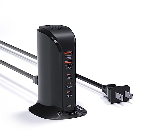 VPSUN USB C Charging Station for Multiple Devices,55W Multiport USB Tower Charger,5 Port USB C Wall Charger Block for iPhone,iPad,Samsung (Black)