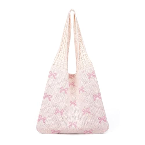 Cuicany Bolsos Tejidos Crochet, Bolso de Ganchillo para Mujer, Beige con Lazos Rosas, para el Día a Día,Viajar, Picnic, Compras y Vacaciones, Plegable, Gran Capacidad (Lazo Rosa) Cuicany Bolsos Tejidos Crochet, Bolso de Ganchillo para Mujer, Beige con Lazos Rosas, para el Día a Día,Viajar, Picnic, Compras y Vacaciones, Plegable, Gran Capacidad (Lazo Rosa)