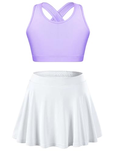 Kids Girls Plain Crop Top & Skater Skirt Set Tennis Golf Outfit 2 Piece Sport Training Tacksuit Set Activewear Lavender&White 12 Years