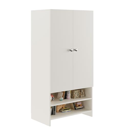 Image of FURNEASER YSH Engineered Wood Wardrobe Almirah for Clothes with 2 Doors & Open Shoe Rack | Wooden Closet Cabinet Organizer for Bedroom Living Room | Storage Cupboard (White)