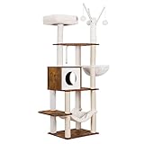 Hey-Brother Arbre à Chat, Tour de Jeux Moderne 141 cm, Meuble pour Chats d’Intérieur avec Griffoirs, Coussins Amovibles, Panier et Pompon, Marron Rustique EMPJ120-MSR