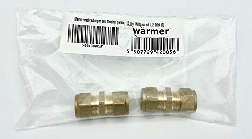 Brass Compression Straight Connector Fittings for Plumbing and Heating Systems, 10mm x 10mm, Pack of 2, Gold