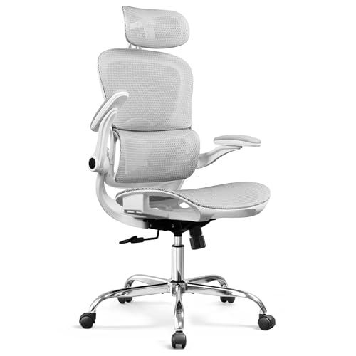 DEVAISE Ergonomic Mesh Home Office Desk Chair with Lumbar Support, High Back Reclining Computer Gaming Chair with Flip-up Armrests, 3D Headrest, Tilt Lock, Heavy Duty, SGS Class 4 Gas Lift, White