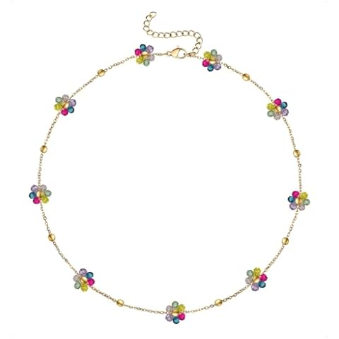humlbird Choker Necklace for Women Daisy Necklace Crystal Flower Necklace 14K Plated Stainless Steel Gold Necklaces Colorful Cover
