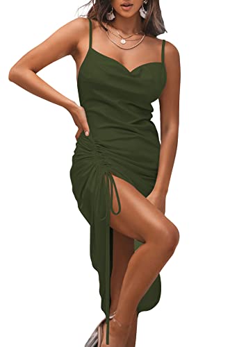 Image of LYANER Women's Satin Spaghetti Straps Cowl Neck Sexy Ruch Cocktail Midi Dresses