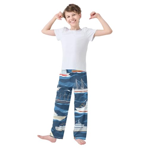Marine Ship Wave Boys Long Pants Soft Trousers Elastic Waist Kids Lounge Bottoms with Pockets S-XL3