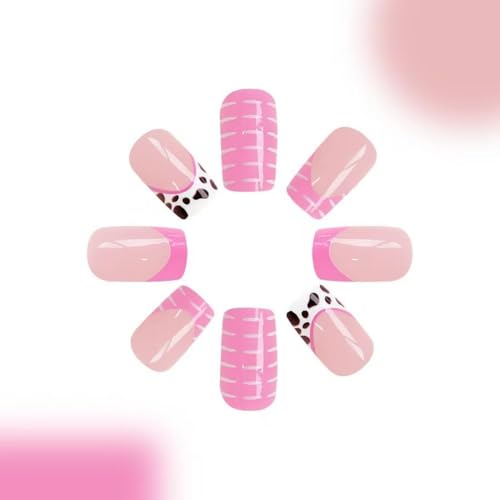 Image of Pink Nail Press ons French Tip Fake Nails with Embossed Design Glossy Glue on Nails Hot False Nails Reusable Artificial Acrylic Full Cover Short Square Stick on Nails for Women Girls Manicure 24Pcs