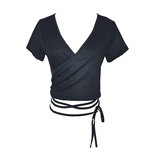 Womens Summer Short Sleeve Top Ruched Cropped Slim Blouse T-Shirts Drawstring Short Cute Crop Tops (X-Large,Black)