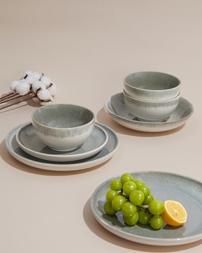 Image of Pokini 24 Piece Dinnerware Sets for 8, Modern Stoneware Plates and Bowls Sets, Perfect for Family Gatherings & Holiday Celebrations, Easy Cleaning Dishes, Stack Compactly Plate Set, Gradient Green