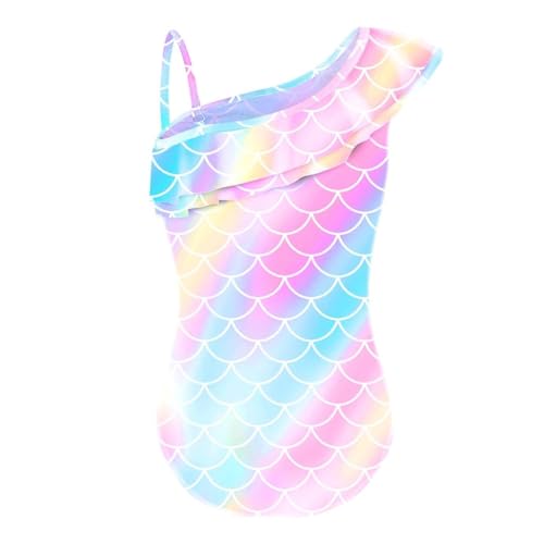 Image of Dressy Daisy Girls Fish Scale Bathing Suit Toddler Rainbow Scale Print Ruffle One-piece Swimsuit for Beach Pool Party