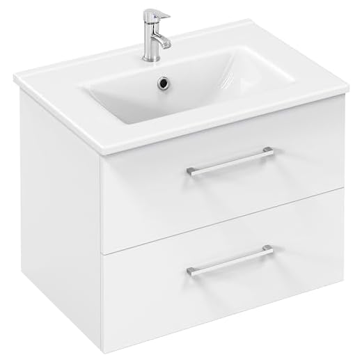 Yaheetech Waschbeckenunterschrank Hängender Badezimmerschrank mit Waschbecken Badmöbel Set 2-teilig Unterbau inkl. Waschbecken & Schubladen Badschrank Wandschrank mit Keramikbecken, Hochglanz, Weiß