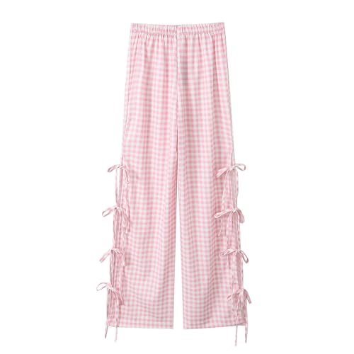 Y2K Gingham Pants for Women Bow Tie Side Slit Wide Leg Lounge Loose Fit Plaid Trousers Teen Girls Going Out Pants