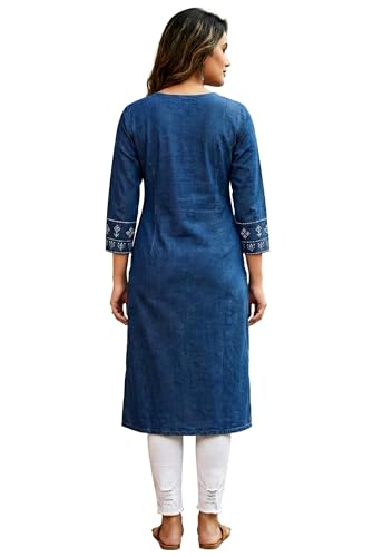 Image of Women's Blue Denim Embroidered Straight Kurti with 3 /4 Sleeves | Geometric Design Round Neck Kurta for Casual, Office