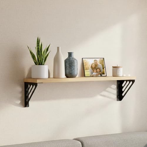 Image of Wall Shelf with Wooden Top Black|White Iron Brackets Storage Rack|Industrial Wall-Mounted Floating Shelf for Living Room,Kitchen,Bathroom (Black Lines Large)