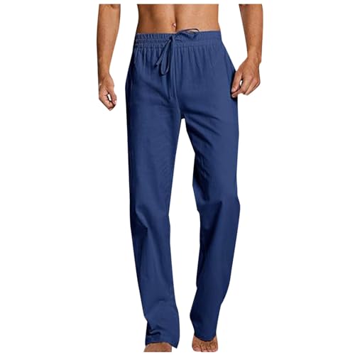 Men's Cotton Linen Pants Stretch Waist Drawstring Breathable Pant Casual Loose Fit Summer Fall Outfit Beach Trousers