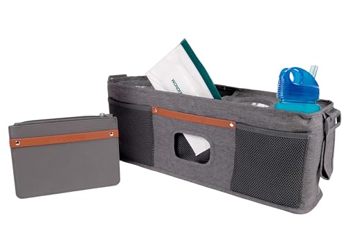 Image of WONDERFOLD Universal Parent Console Stroller Organizer with Insulated Cup Holders, Hook & Loop Closure Handle Attachment, 2 Storage Pockets, Removable Shoulder Strap for Easy Transport