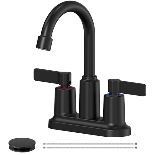 Matte Black Bathroom Sink Faucet 3 Hole 4 Inch Faucet for Bathroom Sink with Pop Up Drain and 2 Supply Hoses 2 Handle Centerset Bathroom Faucets for Sink Vanity RV Evolvegoods