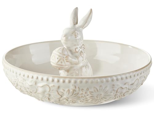 Metahom Easter Candy Dish, Ceramic Bunny Candy Bowl, Floral Decorative Bowl for Easter Home Decor, Office Treats, Party Snacks, 8 Inch, 28 Oz, Cream White