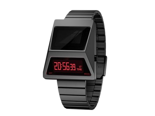 BENLYDESIGN Solar Digital Watch for Men，Retro 1970s Vintage Unique OLED Display Cyberpunk Style Lift to Wake Screen Stainless Steel Strap Minimalist Design Gift for Men Moon Rover S3000, Gray,red
