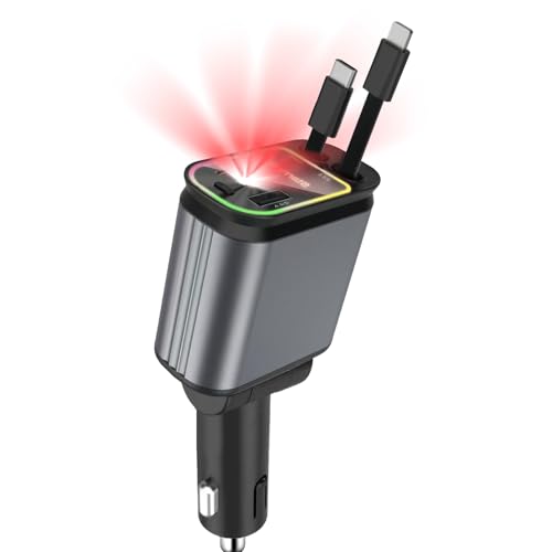 4 en 1 Cargador de Coche Retráctil, 66W con Carga Rápida USB-C y 2 Puertos USB, Cargador Móvil Coche Carga Rapida Compatible con Sam-Sung, iPhone, Xiaomi, Google, Cargador Mechero USB Carga Rápida