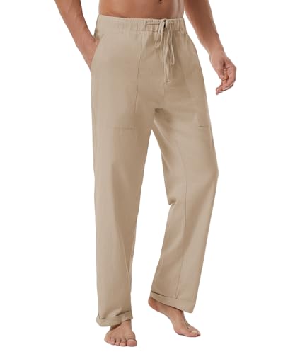 BUXKR Men's Linen Pants Beach Casual Loose Fit Cotton Summer Lightweight Elastic Waist Drawstring Trousers with Pocket4