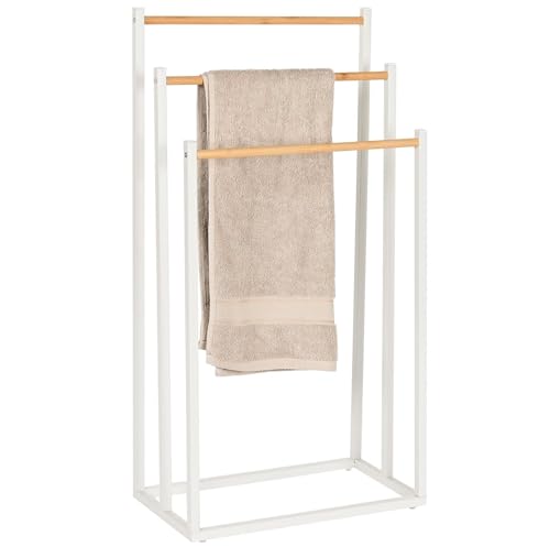 Toallero de Pie 3 Nivel de Madera bambú y Metal Blanco 45x22x85 cm