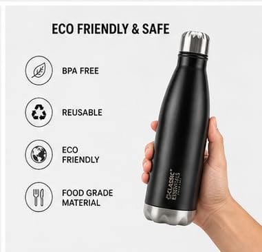 Image of CLASSIC ESSENTIALS Insulated Double Wall Vacuum Stainless Steel Water Bottle 24 Hours Hot and Cold,BIS Approved,100% Leakproof Lid,Sweat Proof Water Bottles, Great for Travel Picnic (Black-1000ml)
