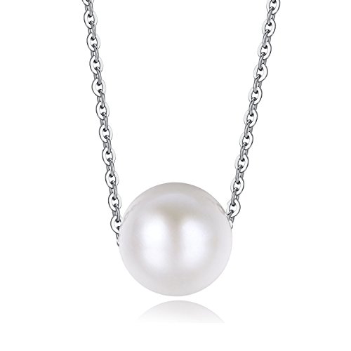 Precious Time Jewelry 9.5mm - 10.5mm White Freshwater Cultured Round Pearl 925 Sterling Silver Necklace with Certificate 16