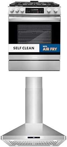 Cosmo 2-Piece Kitchen Package, 30" Gas Range with 5 Sealed Gas Burners 6.1 cu ft Oven and 30" Island Range Hood