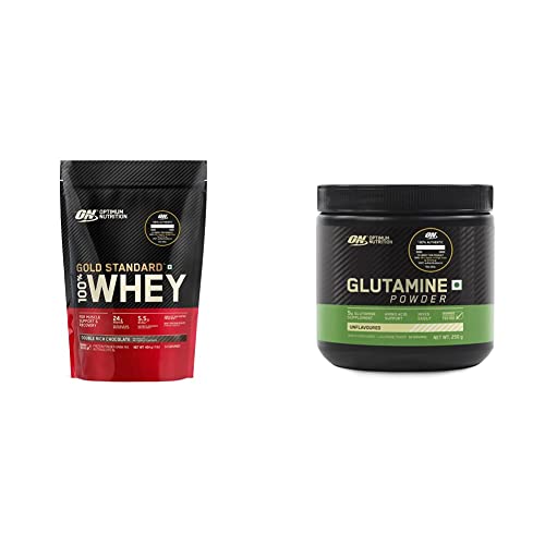 OPTIMUM NUTRITION (ON) Gold Standard 100% Whey Protein 454 G Double Rich Chocolate & L-Glutamine Powder, Amino Acid Support & Muscle Recovery, Pack Of 250 Gram, 50 Serves COMBO, 1 Scoop