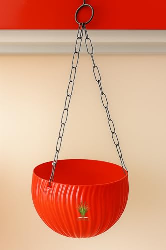 Image of Hanging Flower Pots with Chain - Set of 4 | Eco-Friendly White Plastic Planters for Balcony, Indoor & Outdoor Use | Round Ribbed Design (Red 4 Pieces)