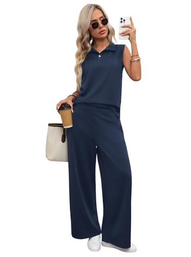 Vipwes Women 2 Piece Outfits Lounge Sets Summer Sleeveless Crop Tops Wide Leg Pants Vacation Beach Travel Sets(Black, X-Large) - view 3