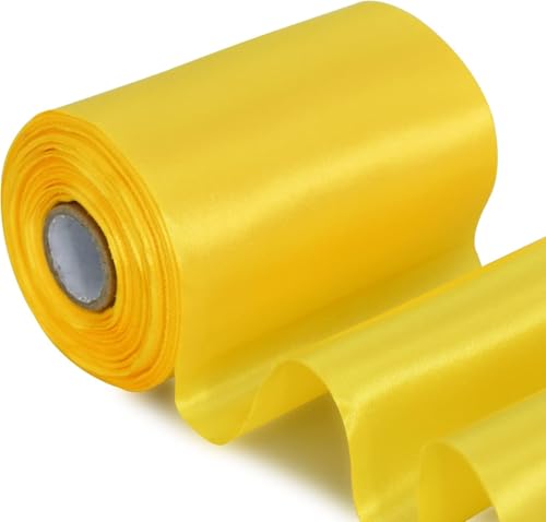 TONIFUL 4 in x 22Yds Wide Lemon Light Yellow Satin Ribbon Solid Fabric Large Ribbon for Cutting Ceremony Kit Grand Opening Chair Sash Table Hair Car Bow Sewing Craft Gift Wrapping Wedding Decoration