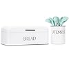 OUTSHINE Vintage Metal Bread Box & Kitchen Utensil Holder Set, White | Large Bread Box w/Swing Up Lid | Farmhouse Bread Box & Utensil Holder for Countertop | Kitchen Decor | Housewarming Gift