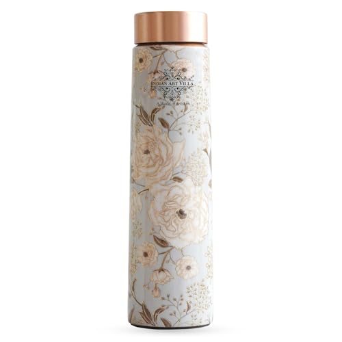 Image of INDIAN ART VILLA Copper Gold Print Copper Bottle, Copper Drinkware, 800 ML, Gold Printed White