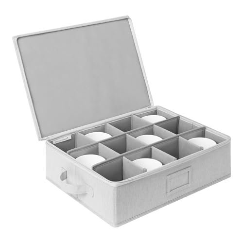 StorageWorks China Storage Container, Stackable Mug Storage Box with Dividers, Stemware Storage Cases, Hard Shell China Cup Organizer, Holds 12 Tea Cups and Coffee Mug, 1 Pack, Light Gray